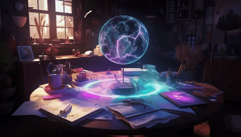 50 AI Writing Prompts for Girls to Boost Creativity 7 A futuristic desk surrounded by holographic AI-generated story ideas, glowing books, and creative tools set in a vibrant, empowering atmosphere.